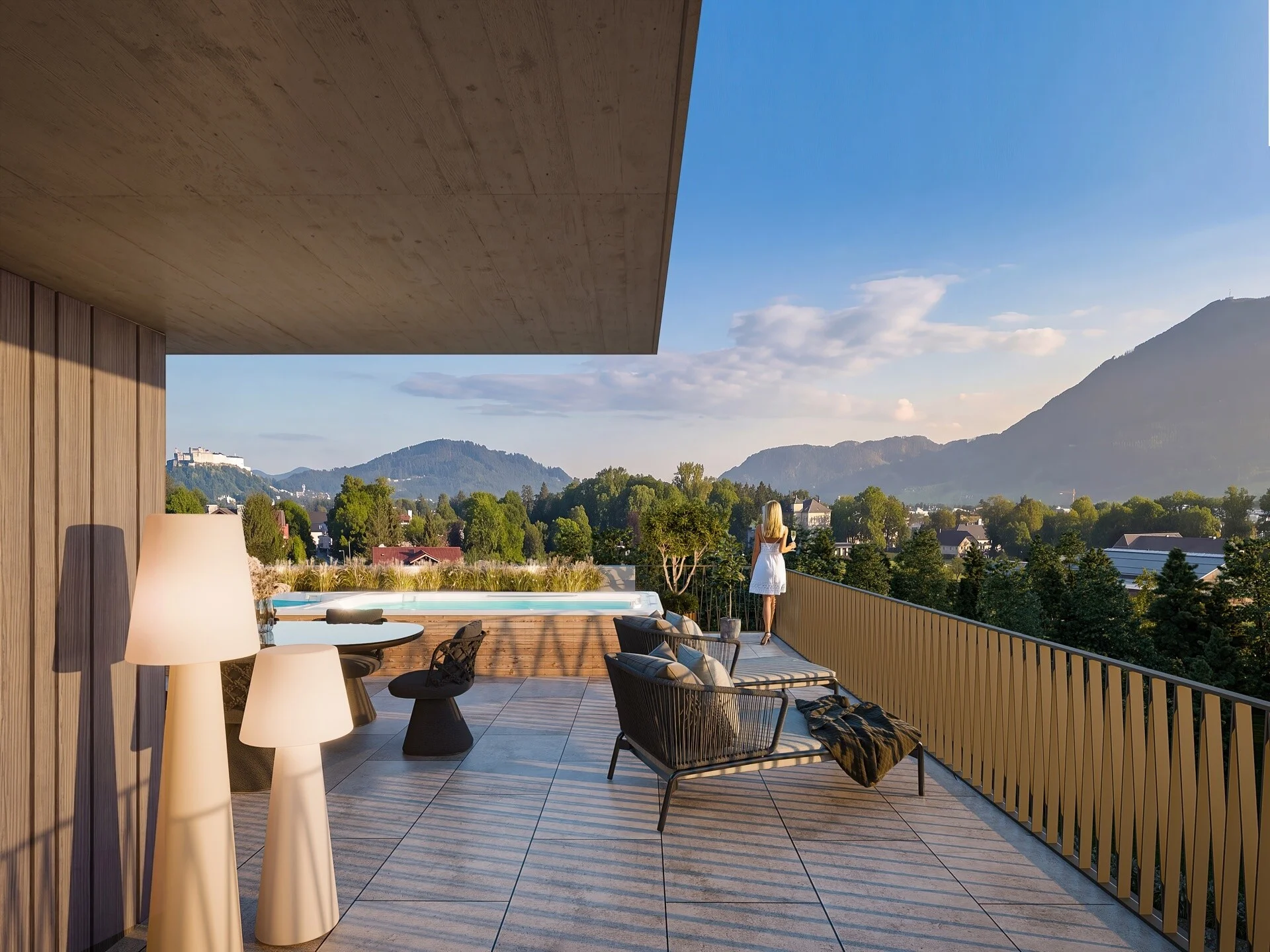 Penthouse-Dachterrasse mit Panoramablick auf Festung und Gaisberg