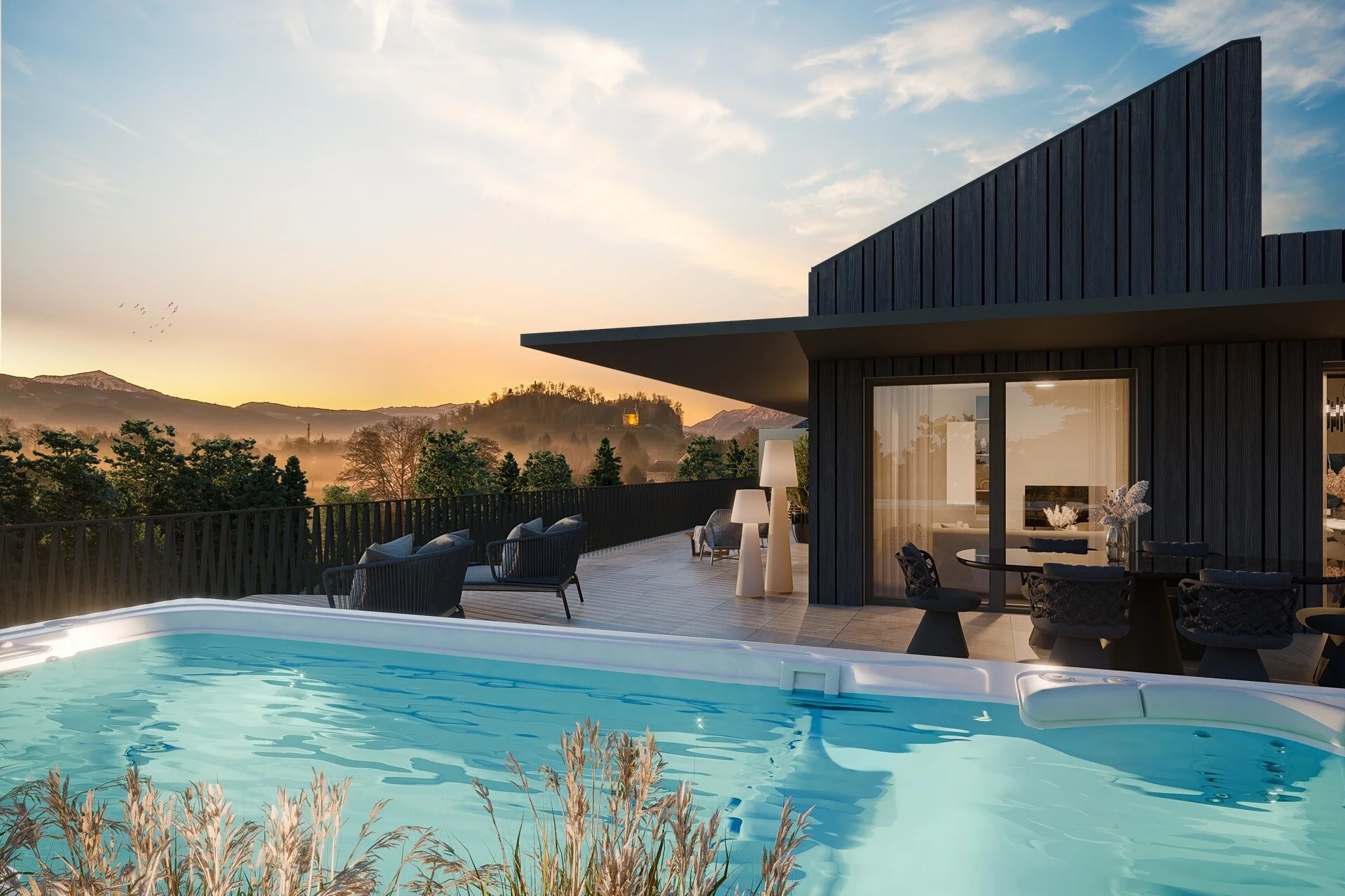 Penthouse-Dachterrasse mit privatem Pool im Sonnenuntergang