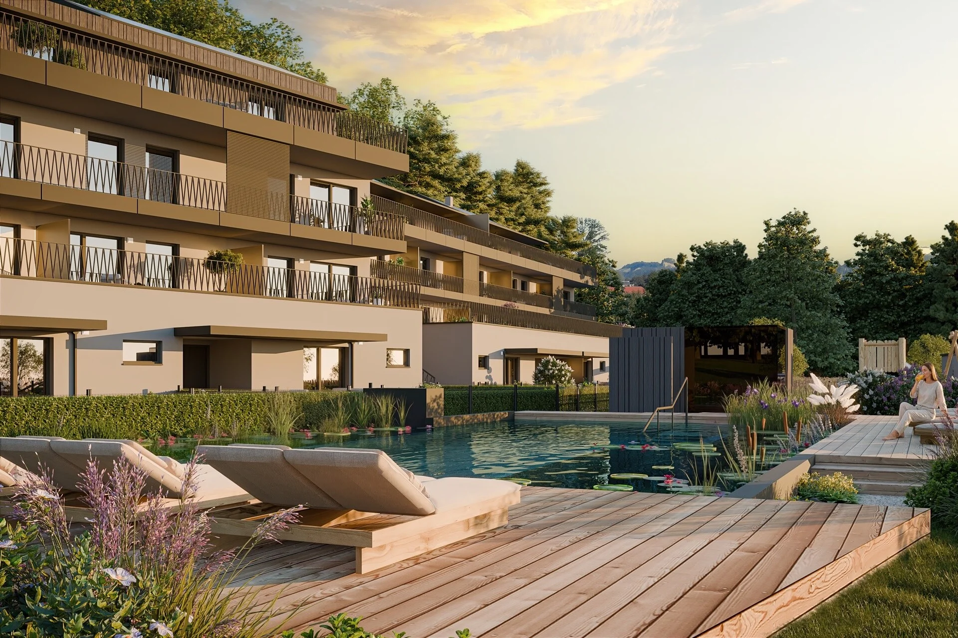 Naturbadeteich mit Sonnendeck und Liegeflächen