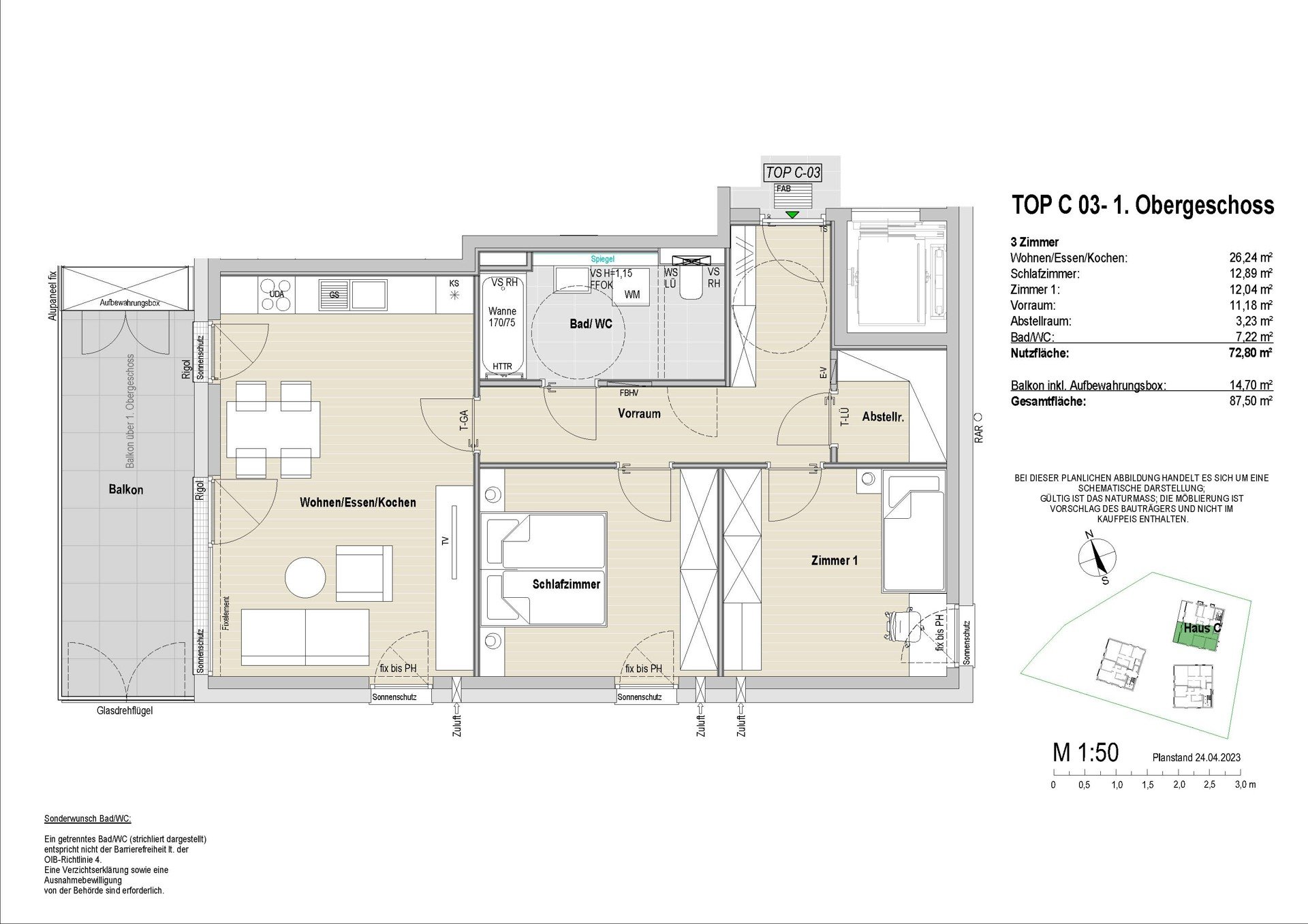 Sehr gut geschnittene 3-Zimmer mit optional abgetrenntem WC und großzügigem Abstellraum